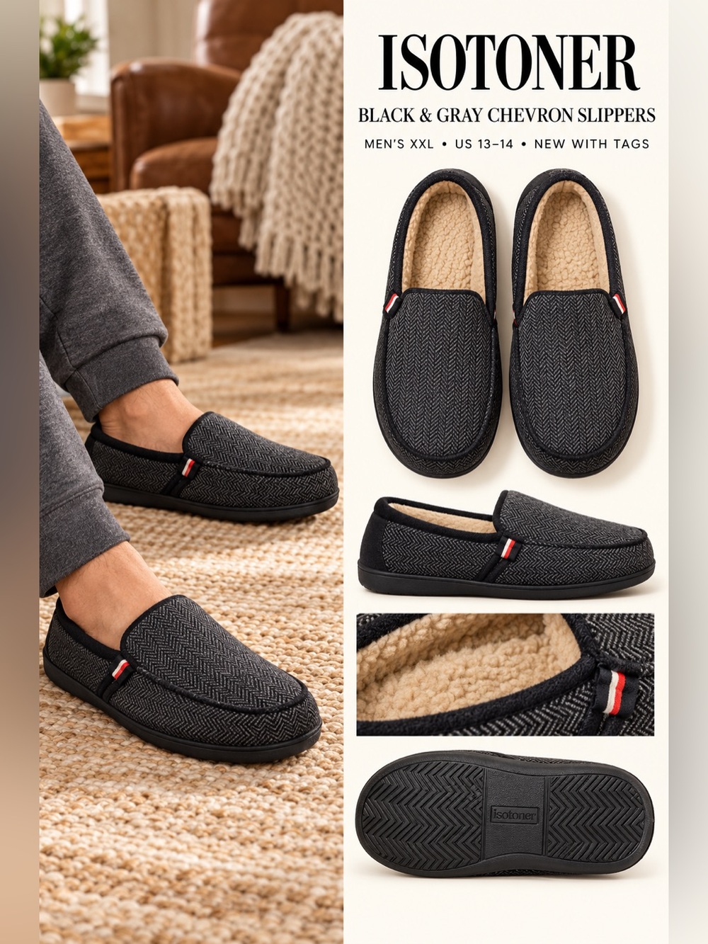 Isotoner Chevron Slippers in Black & Gray XXL 13-14 NWT